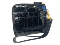 ミニウォレット L字ファスナー型 ストラップ付き シャイニング クロコダイル 本革 【グォディ】 HL-10101B-CRS (ブラック)