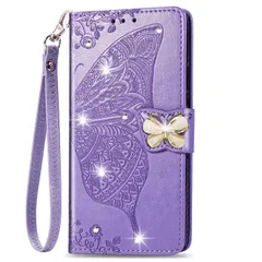 【数量限定】PUレザー 手帳ケース 純色 優雅 女性 ハンドメイド 携帯カバー スマホケース 12Pro / / 12 12 12 アィフォン 耐衝撃 付き ストラップ 収納 カード パープル デザイン 蝶々 ラインストーン きらきら 蝶柄 蝶 おしゃれ かわのサムネイル