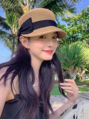 可愛い　夏　ストローハット　紫外線対策 麦わら帽子 女性用 リボン　キャメル