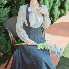 【新品】クラシカルガーリー♡ボウタイブラウス＋ハイウエストジャンパースカート レディース 韓国 韓国ファッション ボウタイリボン ブラウス ワンピース クラシカル ゴスロリ ロリータ ゴシック 森ガール ガーリー レトロ 長袖  S M L　F0748