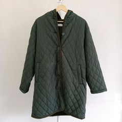 【良品】PⅬAMECOLLOME　プレミィコロミィ　ダウンコート　レディースコート　レディースアウター　レディースカジュアル　　秋コート　冬コート　ポケット付き　フード付きデザイン　　Mサイズ　モスグリーン　深緑　ダイヤモンドチェック柄　ボア生地