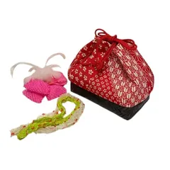 【和柄巾着＆髪飾りセット】 レディース｜レトロ可愛い｜浴衣・七五三・撮影に｜赤＆ピンク｜和装小物