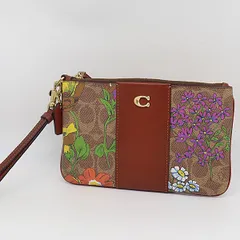 良品 コーチ シグネチャー柄 フラワーモチーフ ゴールド金具 ブラウンカラー レディースポーチ 2000000 NSK MTM