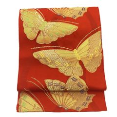 名古屋帯/美品/赤/蝶/西陣/仕立上がり/11164