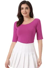 Allegra K ハロウィン コスチューム 無地 tシャツ ５分丈 五分袖tシャツ トップス クリスマス ストレッチ スリム シンプル レディース ローズパープル L