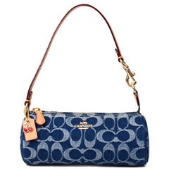 コーチ バッグ COACH デニム レザー シグネチャー 筒型 チェリー さくらんぼ チャーム付き ノリータ リストレット バレル バッグ マルチ ポーチ デニム×ナチュラル CZ459