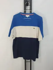 LACOSTE(ラコステ) 半袖Tシャツ ラウンド カラーブロック 青 ネイビー 白 L
