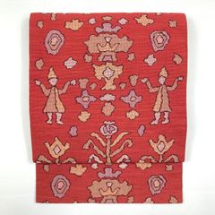 リユース帯 名古屋帯 赤 カジュアル 織り 植物 人物 メルヘン 未洗い MS1463