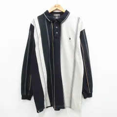 L/古着 長袖 ポロ シャツ メンズ 90s ロング丈 鹿の子 濃紺他 ネイビー ストライプ 24feb06 中古 トップス