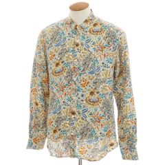 【新品】グランシャツ Glanshirt リネン ボタニカル柄 バンドカラー カジュアルシャツ ベージュxブルー系【サイズ40】【メンズ】
