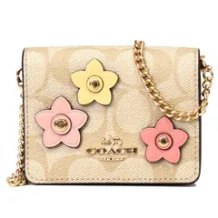 コーチ 財布 COACH コーティングキャンバス レザー シグネチャー フラワー アップリケ チェーン ミニ ウォレット カードケース カードポーチ 定期入れ 名刺入れ ポーチ コインケース ライトカーキマルチ CH620
