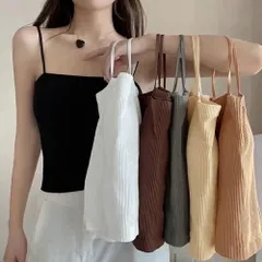 キャミソール レディース 春夏秋 袖なし ショート丈 細ストラップ カップ付き インナー ブラトップ ポリエステル リブ 無地 大人 黒