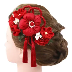 髪飾り 成人式 つまみ細工 赤 振袖 前撮り 袴 花 豪華2点セット 白 ちりめん 組紐 房 かんざし 大きい 日本製 おしゃれ かわい No.9-4898