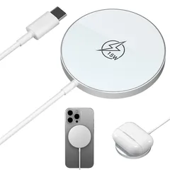 ワイヤレス充電器 MagSafe充電器 マグネット式 Qi認証 15W超低温 強磁気 超薄 超軽量 小型 旅行/出張/オフィスに最適 Type-C ケーブル長さ1M iPhone16/15/14/13/12シリーズに対応 MagSafe充電ケース付きAir 1