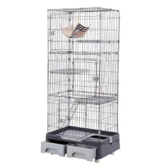 猫 ケージ トイレ付 ハンモック付 収納型 キャットケージ 3段 1段2段可能 キャスター付 キャットハウス ネコ【グレー】 yew1のサムネイル