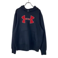 アンダーアーマー ロゴ刺繍 長袖 スウェットパーカー MD ブラック UNDER ARMOUR プルオーバー カンガルーポケット トレーナー メンズ 古着 【240505】