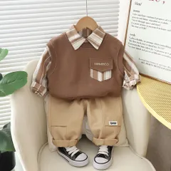 ☆ ブラウン ☆ 80CM ☆ セットアップ カジュアル キッズ pmykidssetup04 セットアップ ストライプシャツ 男の子 ベスト パンツ 長ズボン ズボン 長袖シャツ 長袖 シャツ カジュアル ストライプ ポケット 子供服 子供用