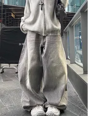 オーバーサイズ ヴィンテージ加工 ワイドデニムパンツ Y2K ルーズフィット ストリート ユニセックス