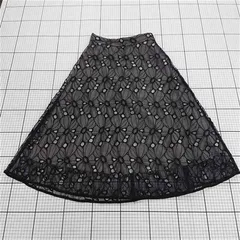 ◇ ⊂ プロポーションボディドレッシング レース 膝下丈 フレア スカート サイズS ブラック グレージュ系 レディース E  【1508060015525】
