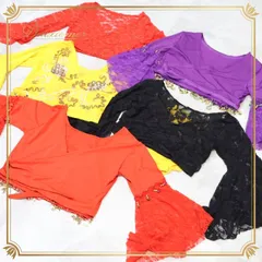 ベリーダンス 衣装 チョリ トップス 全5点 セット まとめ売り 花柄 赤 紫 黄色 黒 レース レッド系 パープル系 イエロー系 ブラック系 舞台 赤コイン 紫コイン 黄色 黒コイン 赤花柄 セット販売 ファッション ダンスコスチューム ショート丈
