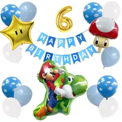 6歳用【新品】マリオとヨッシーが仲良く元気にお誕生日をお祝いセット雲 スター キノコ（17pc)バースデー ガーランド 風船ギフトお祝い 飾り こども パーティ 