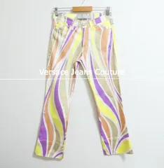 Versace Jeans Couture ヴェルサーチェジーンズクチュール パンツ スラックス 総柄 メデューサボタン 革パッチ ストレート ストレッチ コットン マルチカラー サイズ44 レディース 美品のサムネイル