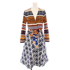 ダイアンフォンファステンバーグ DIANE von FURSTENBERG ラップワンピース 巻き フレア ひざ丈 Vネック 七分袖 総柄 シルク 2 マルチカラー /BB ■GY41