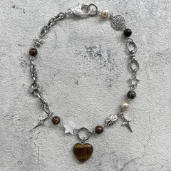 ビーズネックレス ハート y2k ‎𖦹‎‎໒꒱ フェアリーグランジ チェーンネックレス チャーム 茶 ブラウン タイガーアイ ハンドメイド