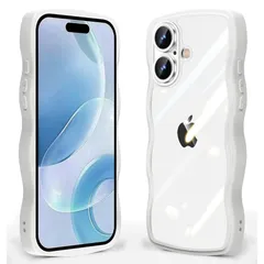 iPhone 16 用 ケース クリア 波状フレーム 耐衝撃 アイフォン 16 用 スマホケース かわいい 人気 可愛い 女性用 カバー 滑り止め ワイヤレス充電対応 ストラップホール付き ストラップ1種付き (ホワイト) 1