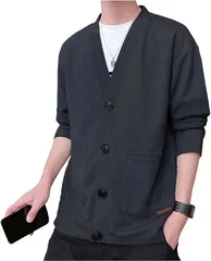 X-cross クロス Vネックカーディガン メンズ 長袖 大きめ ビジネス カジュアル 御洒落 アウター おしゃれ ボタン ジャケット ポケット付き 大きいサイズ ノーカラー あったか ゆったり ミディアム丈(ダークグレー,  2XL)