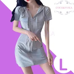 [ COCO&YUKA公式 ] ココアンドユカ パーカーワンピース フロント ジップ 前開き 半袖 ミニ丈 タイト ポケット フード 付 セクシー ギャル 服 レディース グレー L B09YGF4W11