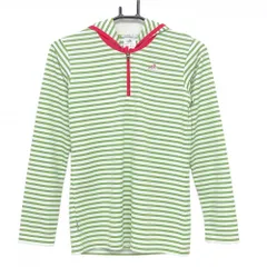 【超美品】アディダス フード付き長袖シャツ ライトグリーン×白 ボーダー ハーフジップ クリマライト レディース M ゴルフウェア adidas