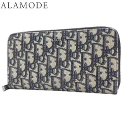 Christian Dior(クリスチャンディオール) オブリーク ジャカード ロングジップウォレット 長財布 ラウンドファスナー キャンバス レザー ネイビー紺 ベージュ 2ESBC252YSE_H05E 40601118506【中古】【アラモード】