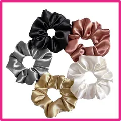 スタイル A 女性用シュシュ、シルクタイよりも柔らかいサテンヘア、ゴムバンド付きビッグシュシュポニーテールホルダー、女の子用、厚手・薄手・カーリー - 5個パック