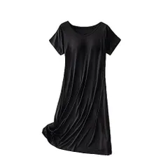 ブラック_M [Tenflow] ワンピース カップ付き ルームウェア パジャマ パッド入り レディース ロングTシャツ 半袖 ワイヤーなし 夏 肌着 女性用 通気 柔軟 弾性 軽量(M ブラック)
