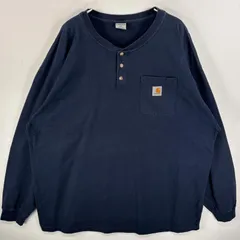 古着 カーハート Carhartt 長袖Tシャツ ワンポインロゴ 肉厚 ヘンリーネック 2XL  ネイビー 無地 メンズ