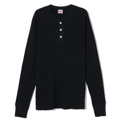 Healthknit ヘルスニット サーマルキングワッフル　ヘンリーネック長袖 BLACK Tシャツ トップス 新品