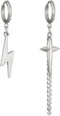 AREUM ピアス 両耳 メンズ レディース 人気デザイン リングピアス 十字架 クロス 稲妻 イナズマ 垂れ下がり ステンレス チェーンピアス リング径小さめ(シルバー,  中)