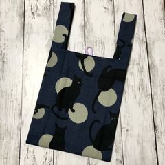 猫柄エコバッグ ネイビー 黒猫 収納ゴム付き ギフトバッグ おもたせ 洗濯可