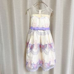 美品  女の子 子供用ドレス  ワンピース 140㎝ チュール リボン シースルー 蝶 オフホワイト パープル ピンク