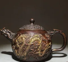 銅壺 置物 銅製 竜把鎏金壺 茶壺 酒壺 装飾品 工芸品 美術品 中国古美術・旧蔵搓金装飾と銘文入りの青銅製酒壺