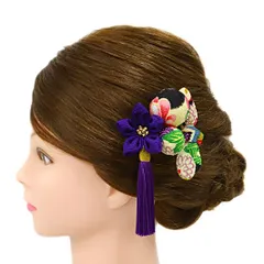 髪飾り 成人式 つまみ細工 赤 振袖 前撮り 袴 花 4点セット 紫 白 黒 ちりめん 房 房付き 玉飾り りぼん リボン かんざし 和柄 No.9-5025