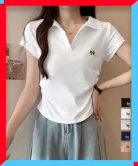 新品 Tシャツ レディース 夏 Vネックポロシャツ ポロカットソー 細身 タイト Tシャツ 黒 白 Y2Kコーデ 夏服 【送料無料】