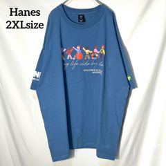 【Hanes】イラスト 子供 人間 企業ロゴ 袖ロゴ プリント オーバーサイズ　半袖Tシャツ　くすみブルー　2XL US古着