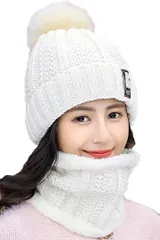 infage ネックウォーマー ニット帽 レディース セット 防寒 スキー スノボ 秋 冬( オフホワイト,  Free Size)
