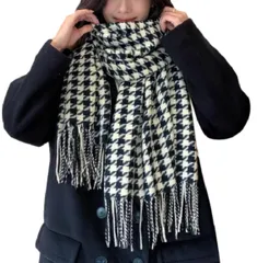ブラックｘオフホワイト [サラローズ] フリンジ 付 ストール 大判 マフラー ショール 千鳥格子 柄 ふんわり 柔らか 軽量 スカーフ 男女兼用 (ブラックｘオフホワイト)