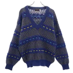 サンタフェ ウール100％ Vネック 総柄 ニット 38/2 ネイビー系 santa fe 長袖 セーター メンズ 【中古】  【221205】