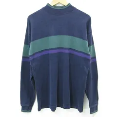 【三重本店】 中古 L.L.Bean | エルエルビーン モックネックボーダー柄長袖Tシャツ 総柄 ヘビーウェイト 80-90s USA製 K118 ネイビー マルチカラー サイズ：M 【101】