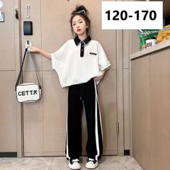キッズ 子供服 セットアップ 上下セット Tシャツ + パンツ 2点セット 夏 女の子 POLOネック サイドライン ジュニア 半袖 長ズボン 長ズボン 子供tシャツ 女の子セットアップ カジュアル 幼稚園 小学生 中学生 KSGA040(120-170)