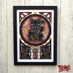 尾九 開運イラスト 招き猫 黒猫 商売繁盛 A4サイズ フレーム付き